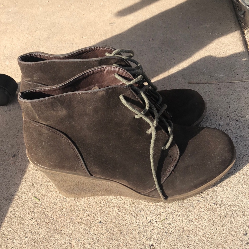 Dark brown wedge booties